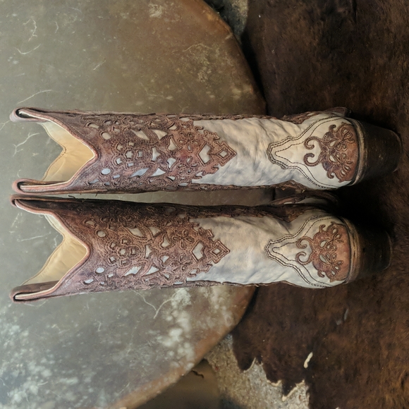 CORRAL A2665 cognac leather lace look overlay cowgirl western boots snip toe 6.5 - Picture 7 of 16